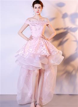 Picture of Pink Stylish High Low Lace and Organza Homecoming Dresses, Pink Short Party Dresses